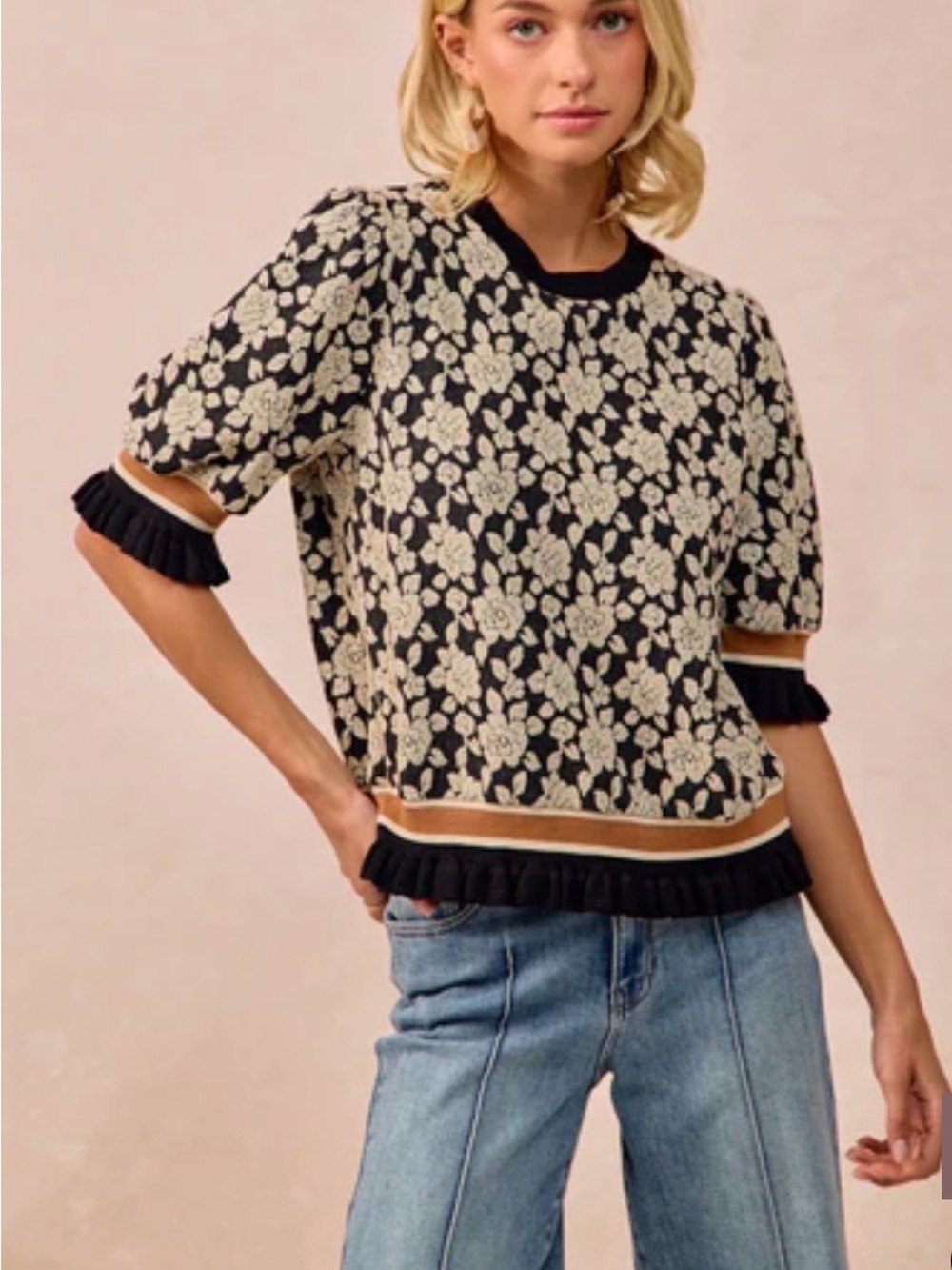 BiBi Textured Rose Knit Top With Contrasting Banded Puff Sleeves in Black - L